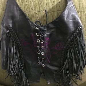 1970s Leather Lace Up Halter Top w/fridge and suede details